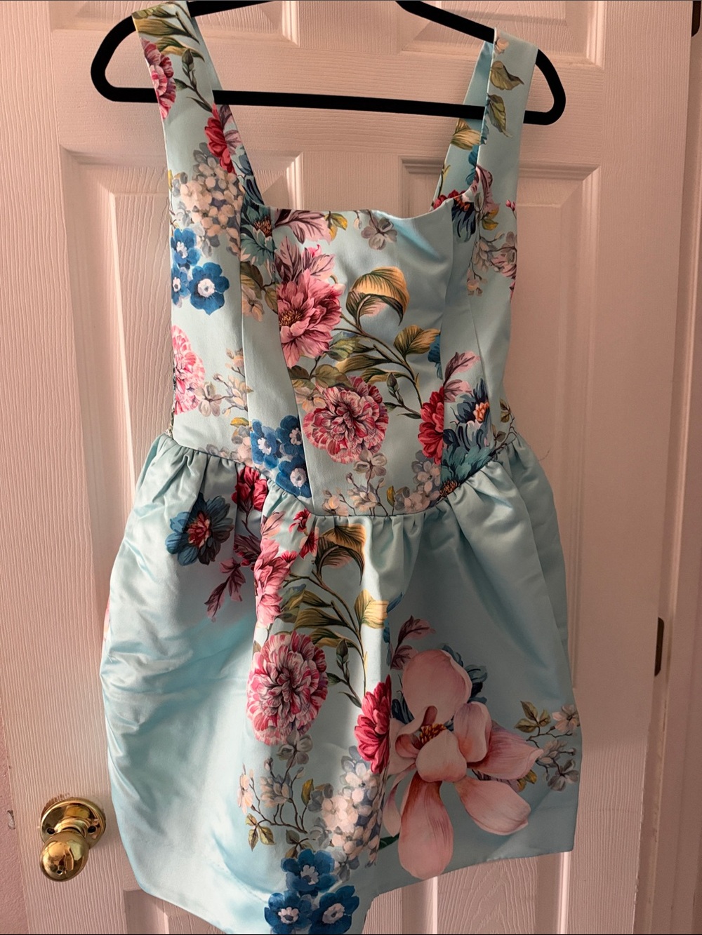 Mauve Pastel Blue Floral Square-Neck Prom Dress